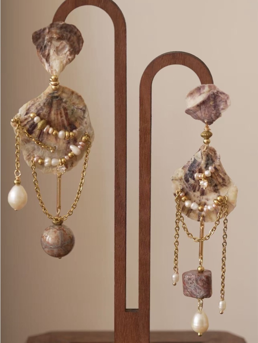 Gold-Tone Natural Shell & Pearl Drop Earrings Boho Chic Dangle